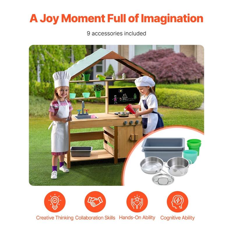 Natural-Green Cedar Wood Kids Mud Kitchen with Sink, Canopy and Accessories - 16.3” D x 40” W x 50” H