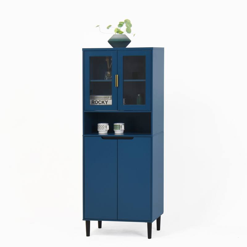 Tall Storage Show Cabinet with 2 Glass Display Door & 2 Doors, Kitchen Pantry Cabinet with Gold Handles，Cabinet Freestanding
