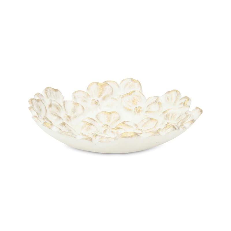 HomeRoots 7" White And Gold Cast Iron Flower Round Trinket Tray - 7.00 in. x 1.62 in. x 7.00 in.
