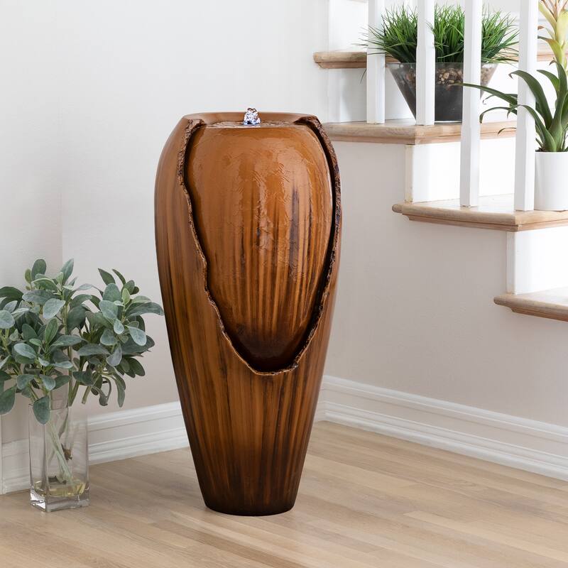 Alpine Corporation 33" Tall Ceramic Jar Fountain with LED Light - Brown