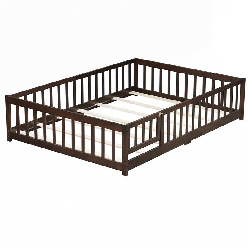 Rubber Wood Floor Bed with Safety Guardrails