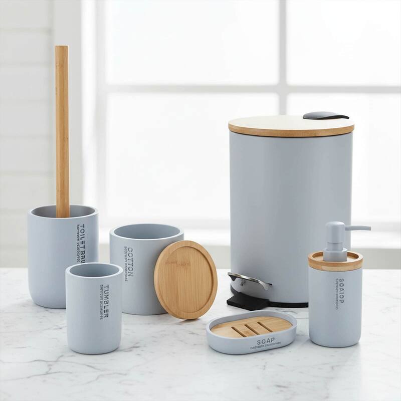 Bathroom Accessories with Natural Accents, Modern 6-piece Set