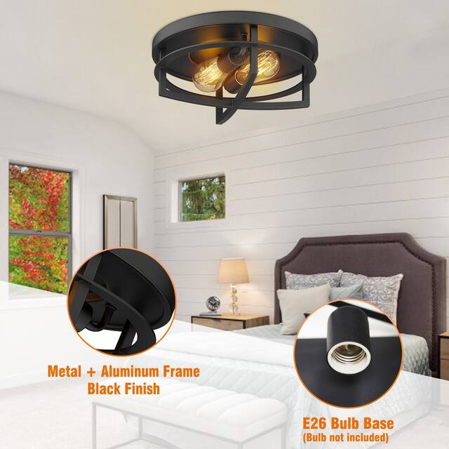 Industrial Ceiling Light 13" 2-Light in Antique Black Metal Finish Flush Mount Lights