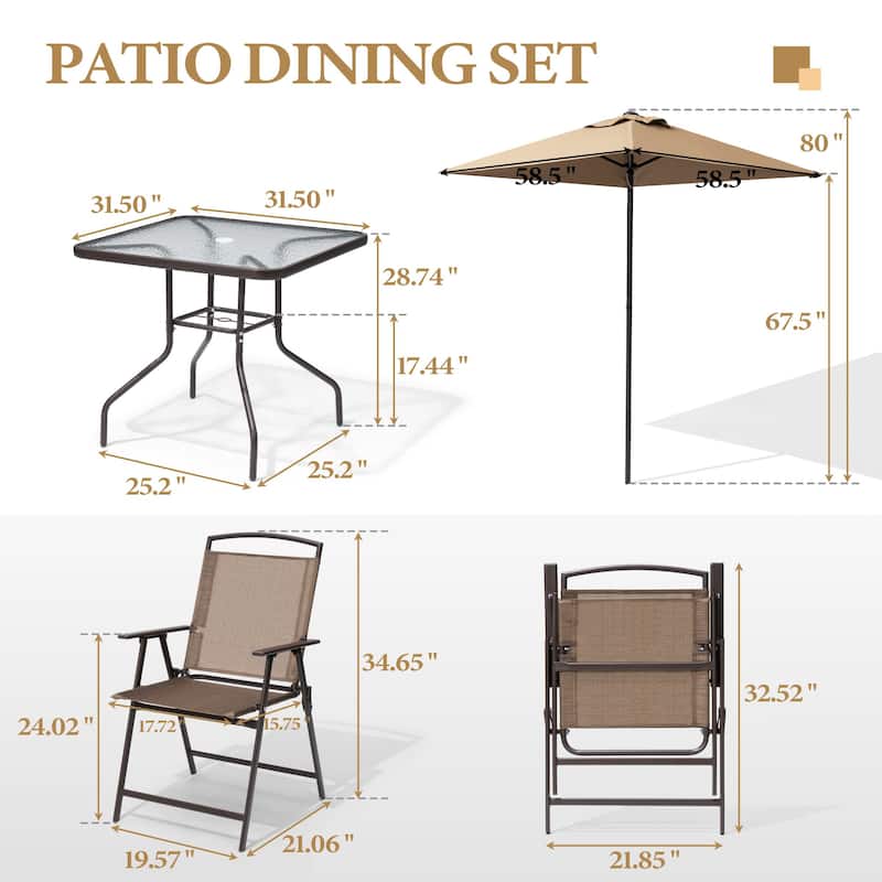 6 PCS Outdoor Patio Dining Set with 4 Folding Chairs, Glass Table Umbrella without Base - See the details