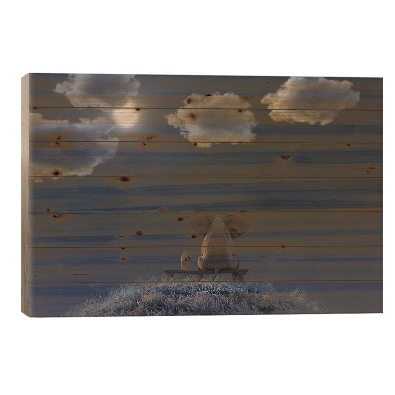 Elephant And Dog Are Sitting On A Meadow On A Moonlit Night Print On Wood by Mike Kiev - Multi-Color - 26x40x1.5