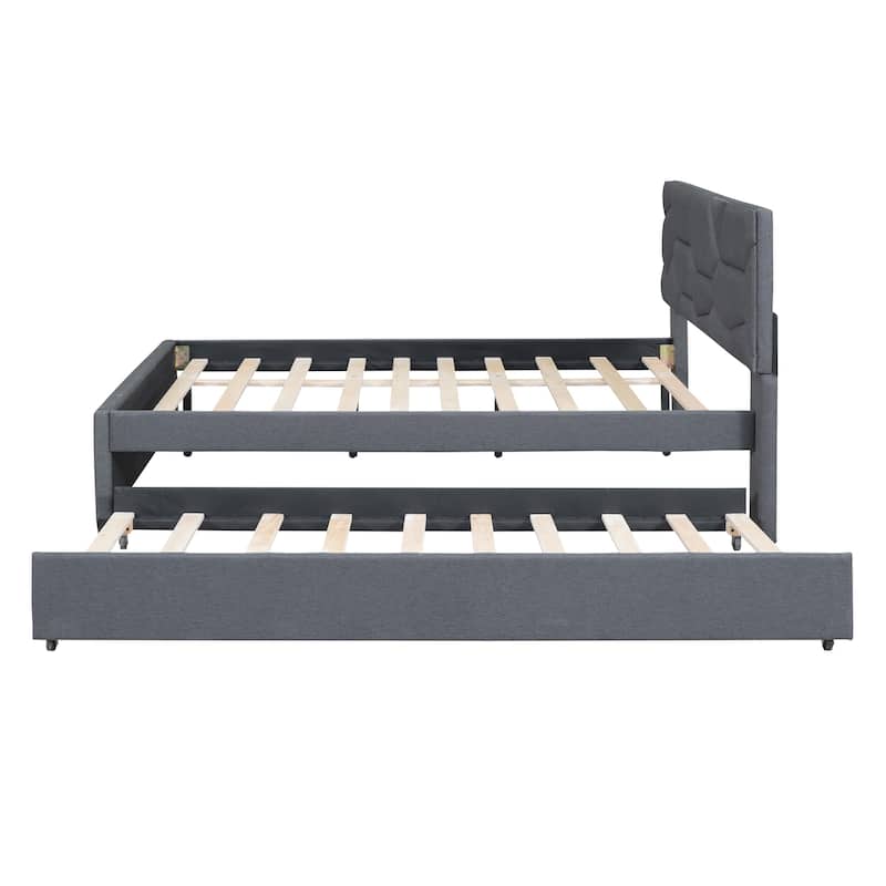 Grey Linen Full Platform Bed with Trundle