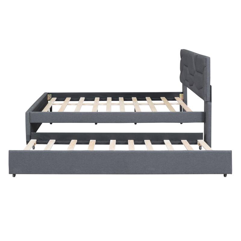Linen Upholstered Platform Bed Frame with Trundle and Brick Pattern Headboard