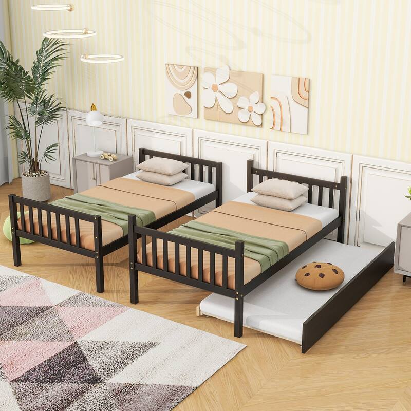 Twin over Twin Rubber Wooden Bunk Bed with Trundle, Ladder & Safety Guardrails, Espresso