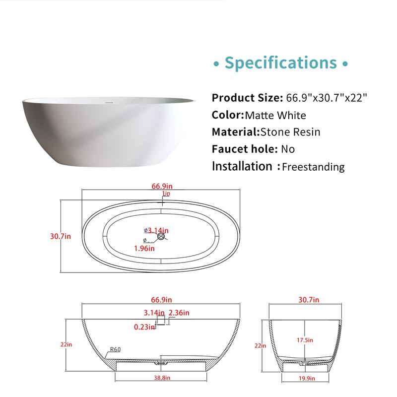 Premium Solid Surface Freestanding Soaking Bathtub with Center Drain and Pop-up Drain, Modern Matte White Tub with Overflow