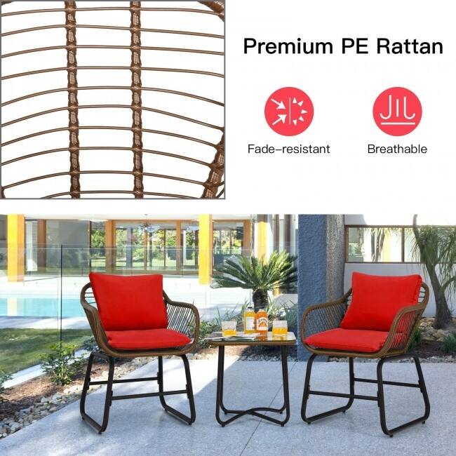3 Pieces Patio Rattan Bistro Set Cushioned Chair Glass Table Deck - 22'' x 24.5'' x 31'' (L x W x H)