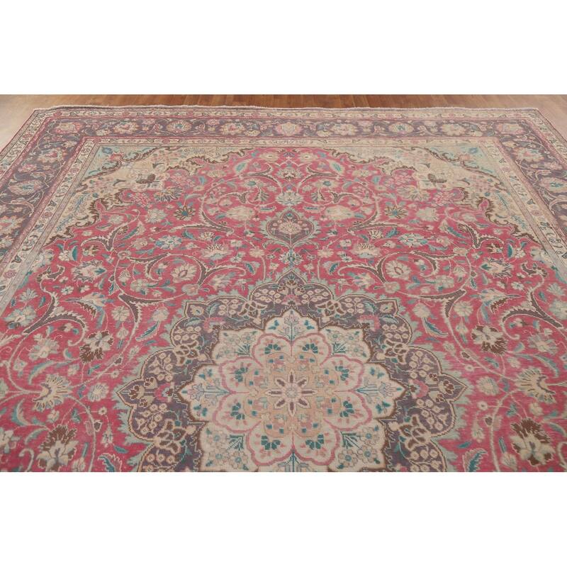 Hand Knotted Oriental 100% Wool Carpet Traditional Floral Pink Tabriz Area Rug - 12' 11'' X 9' 9''