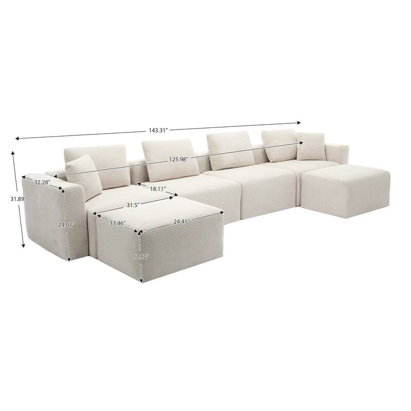 Corduroy Sectional Modular Sofa with Square Arms & Ottoman Extension for Flexible Arrangements