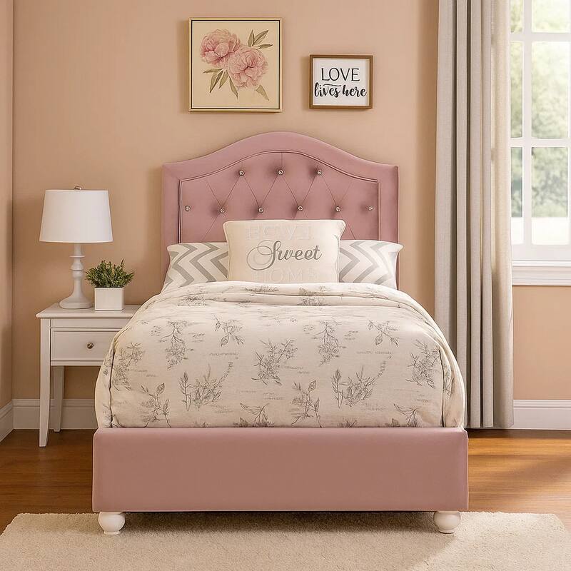 Twin Bed with Button Tufted Arched Headboard, Pink