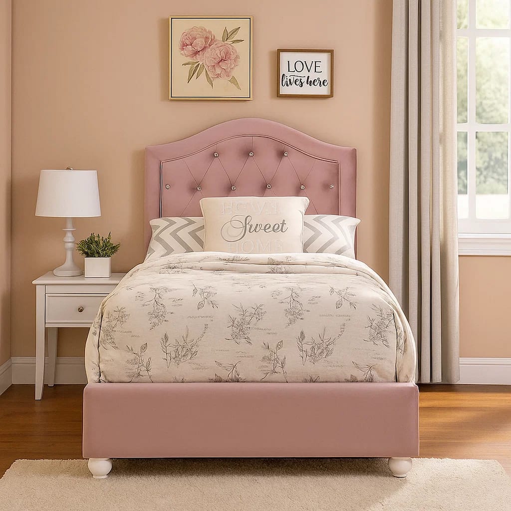 Twin Bed with Button Tufted Arched Headboard, Pink