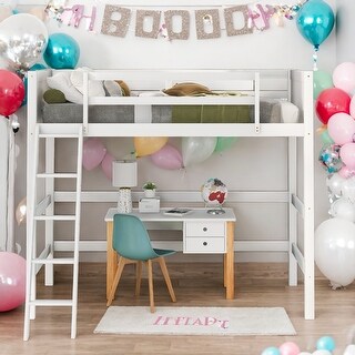 Solid Wood Twin Size Loft Bed with Ladder, White, Modern Design