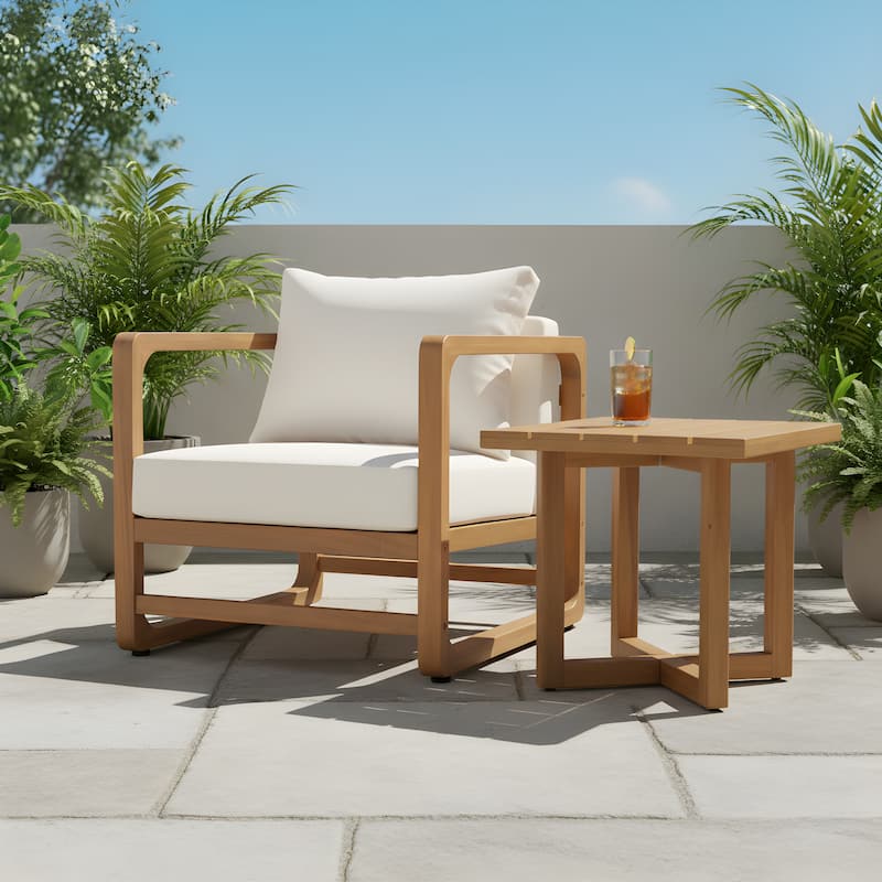 Christopher Knight Home - Modern Outdoor Acacia Wood Club Chair and Square Side Table Set with Water-Resistant Cushions