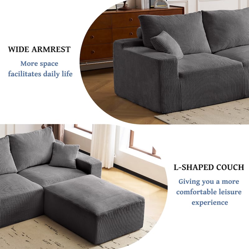 110" Full-Compression Corduroy Ultra-Soft Deep Seat 3-Seater Sectional Sofa for Living Room