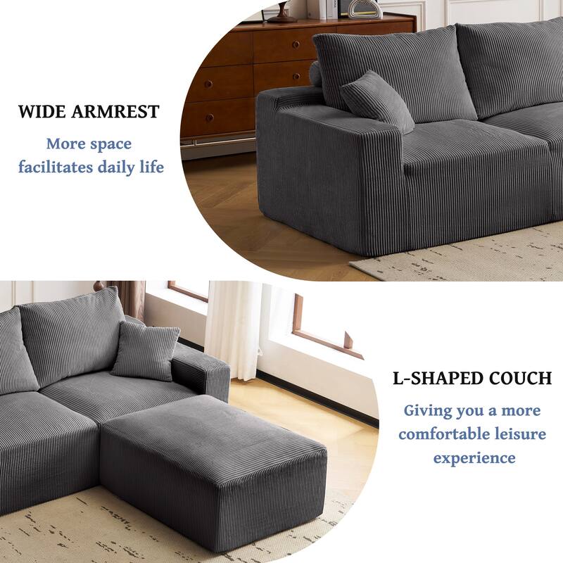 110" L-Shaped Sectional Sofa, Full-Compression 3-Seater Cloud Couch with Chaise, No Assembly, Grey Corduroy