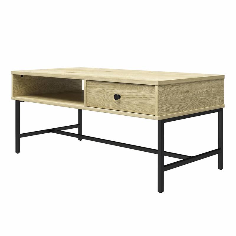 Roomfitters Brookville Coffee Table with Pass-Through Shelf and Side Drawer, Natural Wood