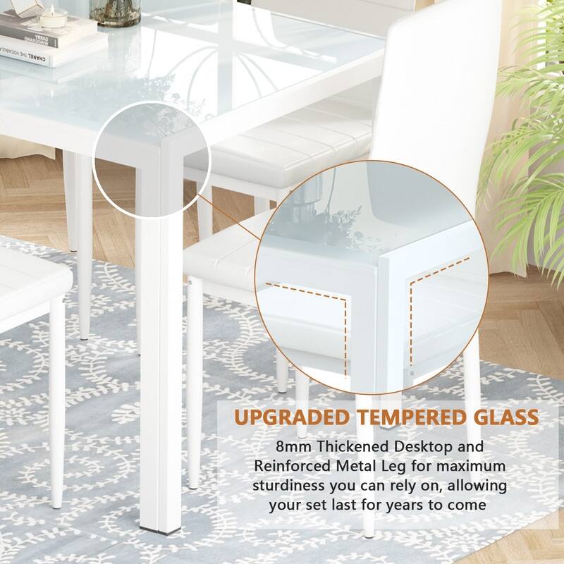 Grondin Modern Style 7-Piece Dining Room Table Set with Tempered Glass Tabletop and 6 PU Leather Upholstered Chairs