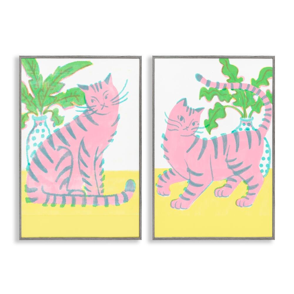Stupell Pastel Pink Cats & Plants Framed Giclee Art Design By Hannah Moren (Set of 2)