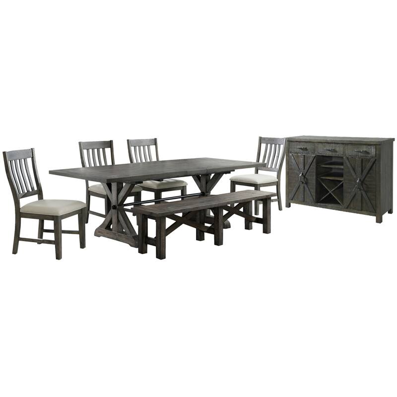 7 Piece Dining Set - Extendable Table, Chairs & Server - Seats 8 - Distressed Gray Finish