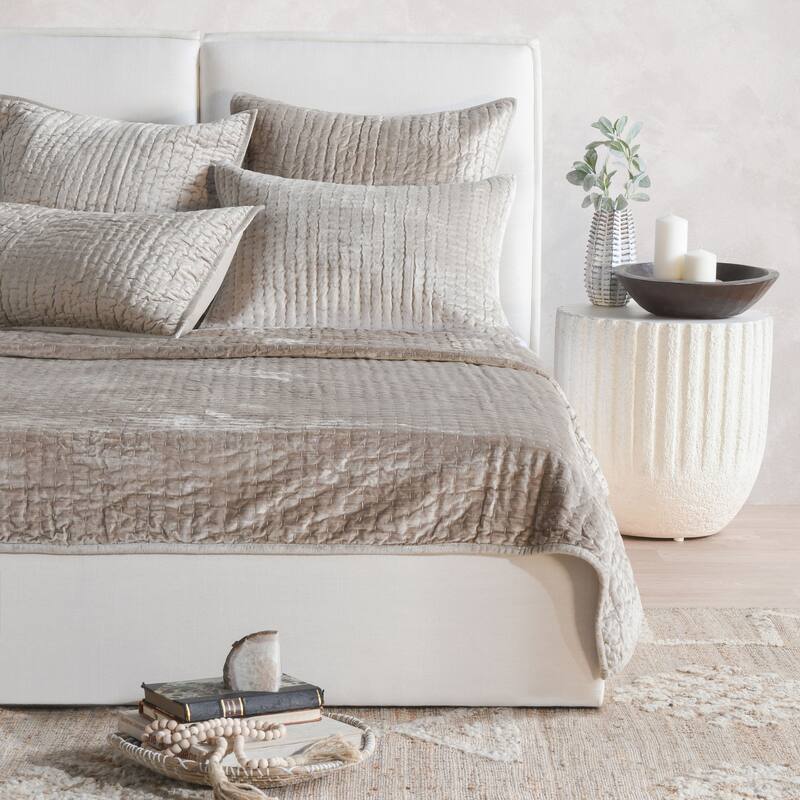 Villa by Classic Home Dimitry 3-Piece Velvet Quilt Set - Queen - Pebble Beige