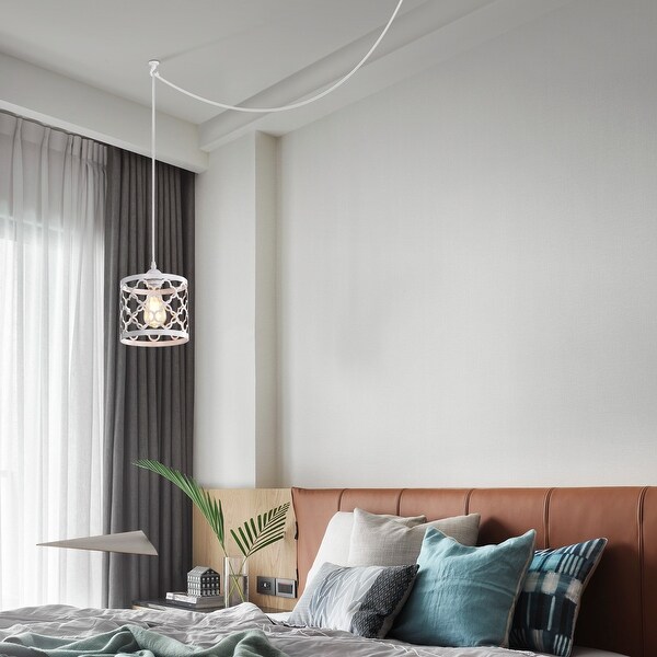 Small White Plug in Swag Chandelier 1 Light Pendant Light White with Gold Light
