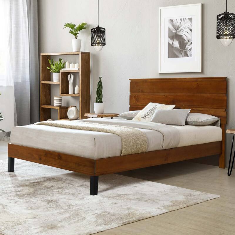 Brown Solid Wood Frame Platform Bed with Three-Piece Headboard Design