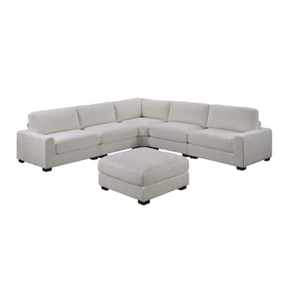 6 Piece Corduroy Upholstered L-shape Modular Sectional Sofa with Ottoman