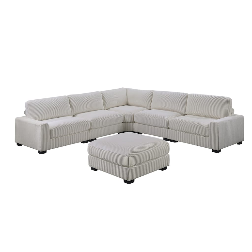 6 Piece Corduroy Upholstered L-shape Modular Sectional Sofa with Ottoman