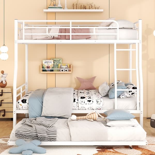 slide 2 of 16, [Save Space or Split Into 2 Beds] Full XL Over Queen Metal Bunk Bed with Trundle White