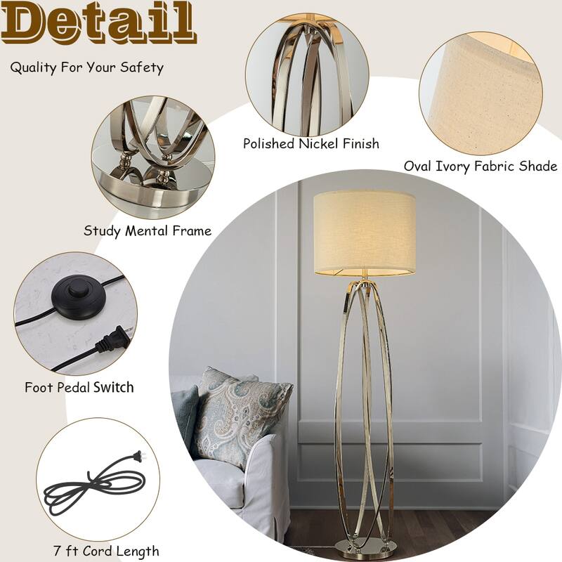 62'' Elegant Modern Polished Nickel Metal Floor Lamp With Ivory Fabric Drum Shade For Living Room Dining Room - W18''