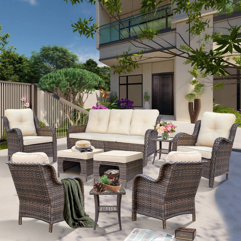 High Back Brown Wicker Outdoor Patio Conversation Seating Sets - 9 Piece - Beige
