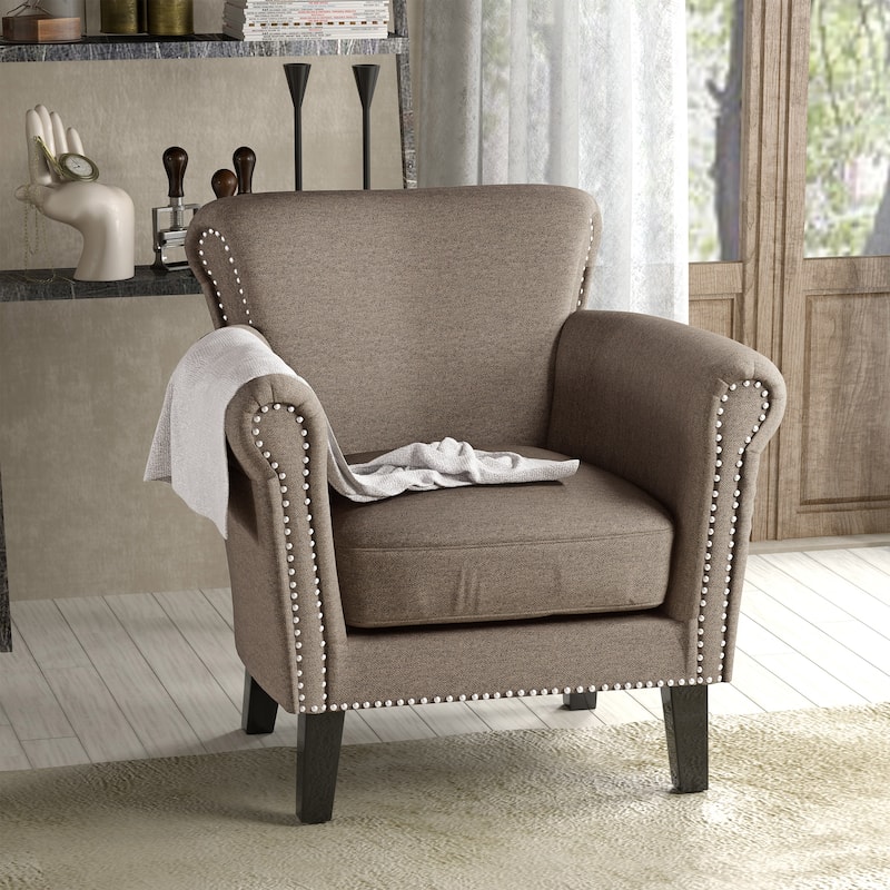 Roomfitters Upholstered Club Chair with Rolled Arms, Nailhead Trim and Cushioned Seat, Stylish Accent Armchair - Light Coffee