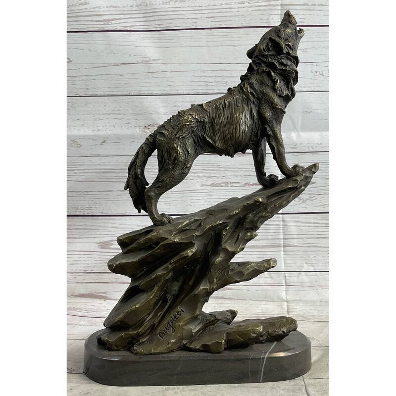 Wolf On Rock Howling At The Moon Bronze Statue Sculpture Wildlife Decor On Marble Base