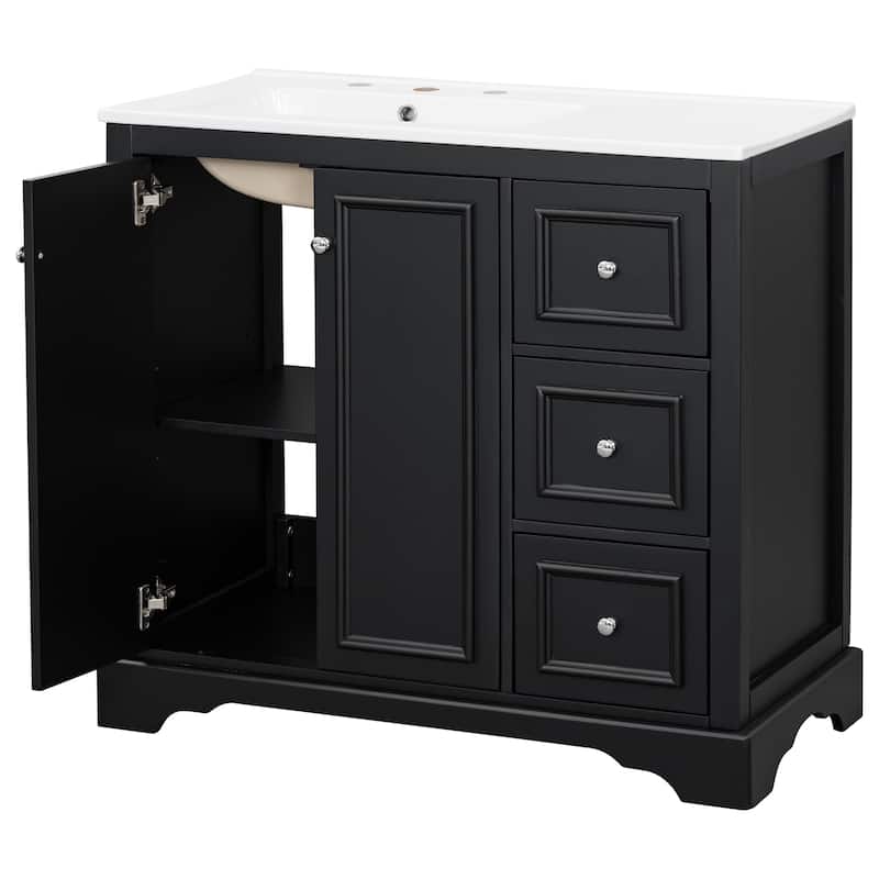 36'' Bathroom Vanity with ceramic sink Bathroom Storage Cabinet with Adjustable U-shaped shelf and 3 drawers