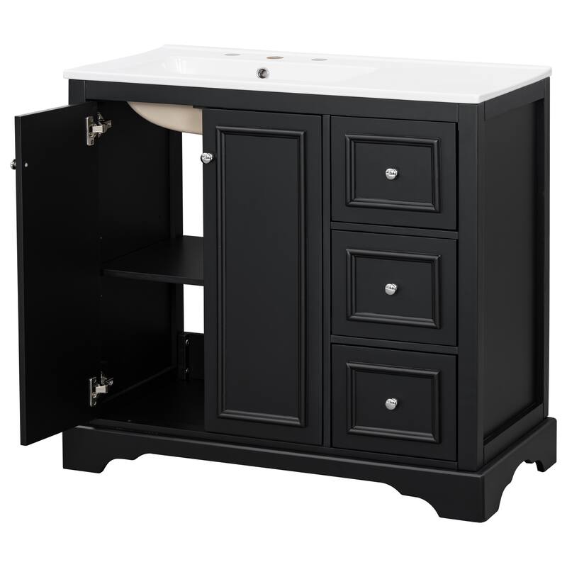 Roomfitters 36" Transitional Bathroom Vanity with Ceramic Sink, 2 Soft-Close Doors, Adjustable Shelf and 3 Drawers