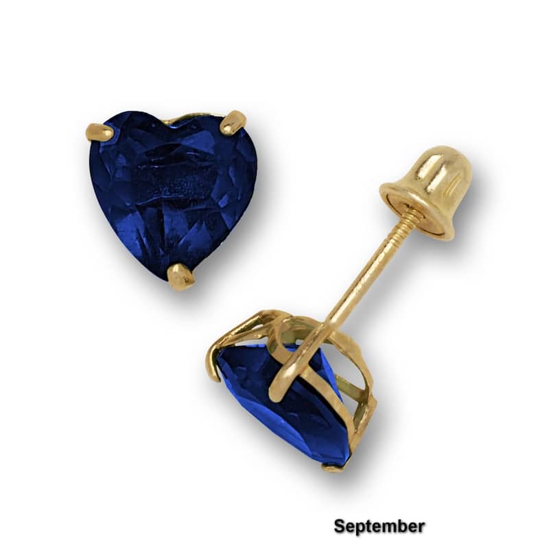 14K Yellow Gold 6mm Heart-shaped Cubic Zircornia Birthstone Basket-Set Solitaire Screw-back Stud Earrings (12 colors)