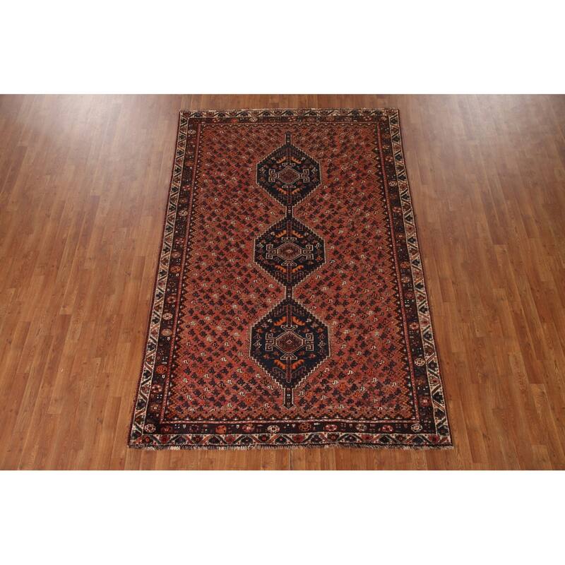 Vegetable Dye Coral Qashqai Persian Antique Rug Handmade Wool Carpet - 5'11"x 9'0"