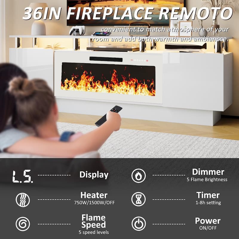 BOSSIN 70" Modern Electric Fireplace TV Stand, with Electronic Flame and LED Lights, High Gloss Finish Entertainment Center
