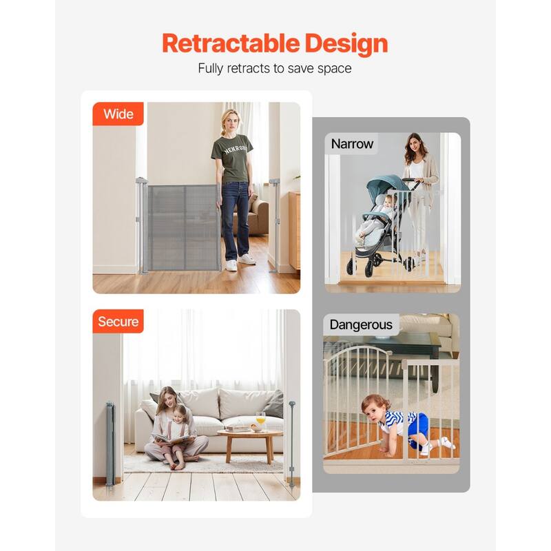 Retractable Baby Gate with Secure Mesh Design and One-Handed Operate Adjustable for Various Spaces
