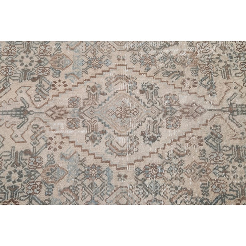 Distressed Geometric Hamedan Persian Area Rug Wool Handmade Carpet - 6'8" x 9'11"