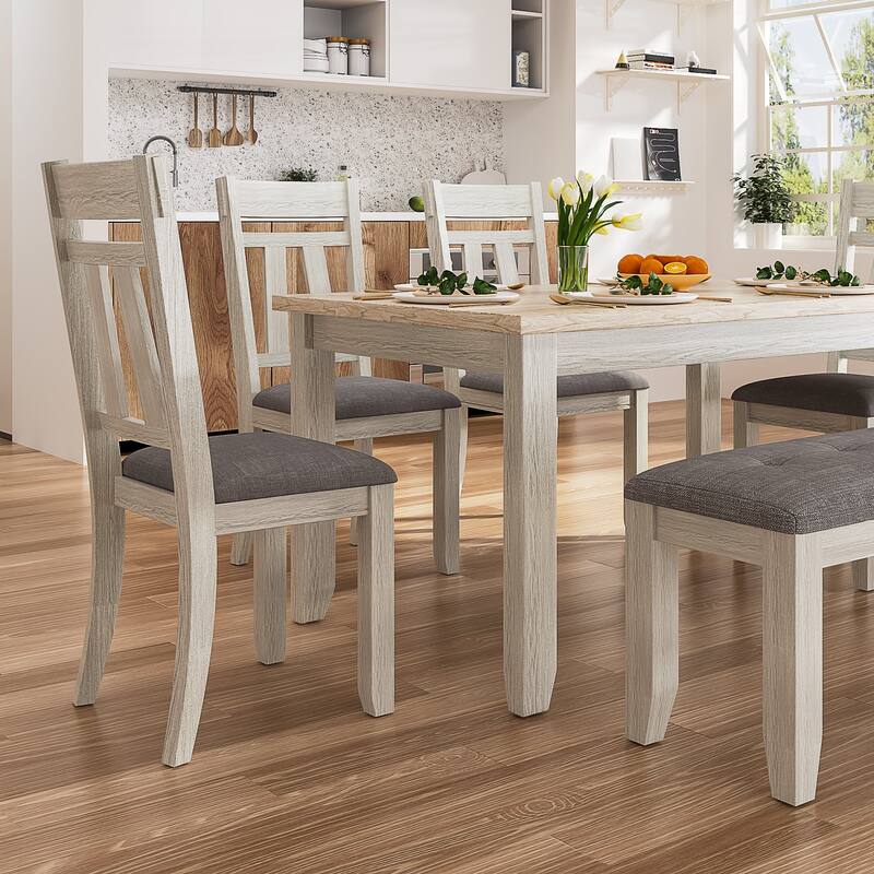 Javlergo 6 Piece Dining Table Set with Bench, Solid Wood Kitchen Table Set with 4 Upholstered Chairs and Bench for Kitchen