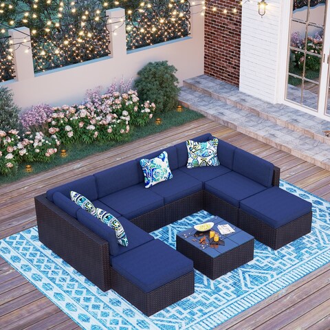 MakeYourDay 9-Piece Rattan Wicker Cushioned Patio Furniture Sectional Sofa Set