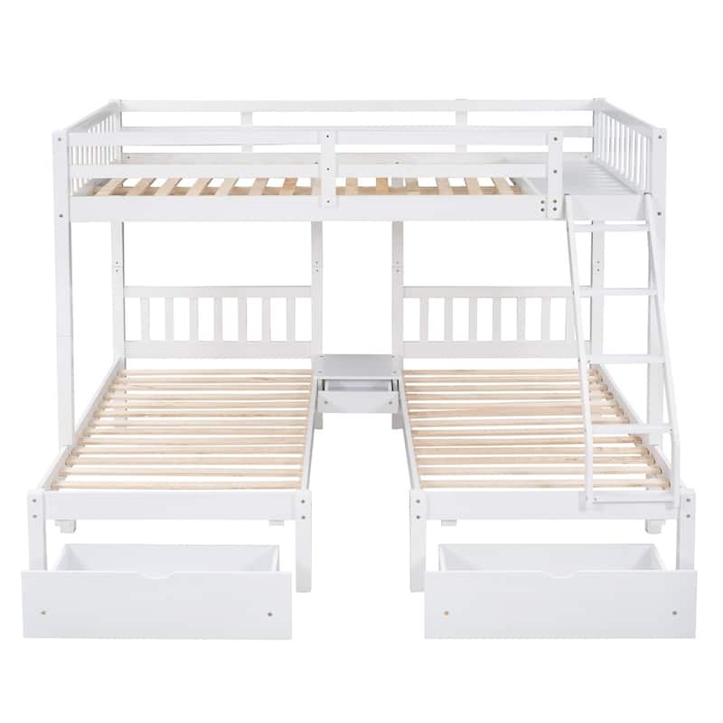 Merax Full Over Twin & Twin Bunk Bed, Wood Triple Bunk Bed with Drawers and Guardrails