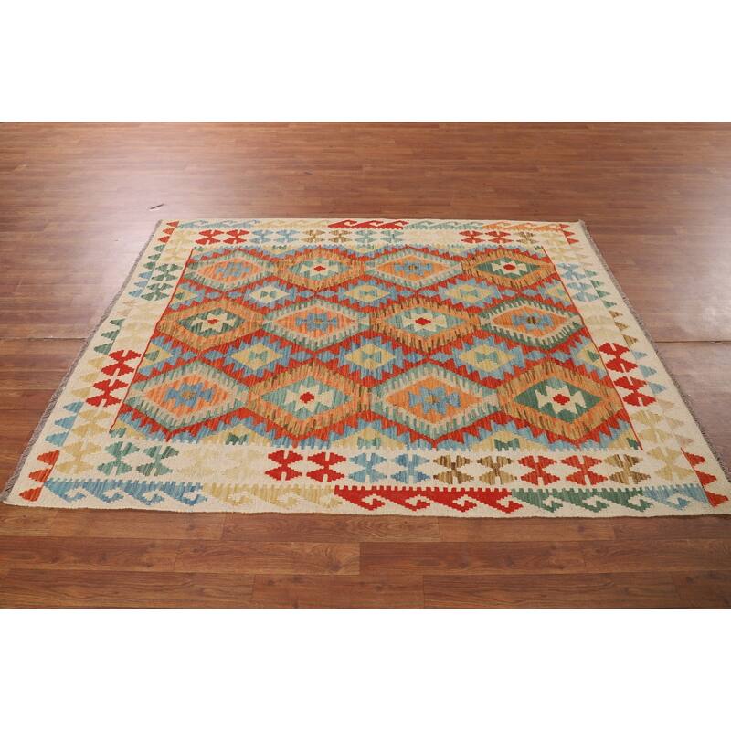 Geometric Multi-Color Kilim Oriental Rug Flatweave Wool Carpet - 5'0"x 6'6"