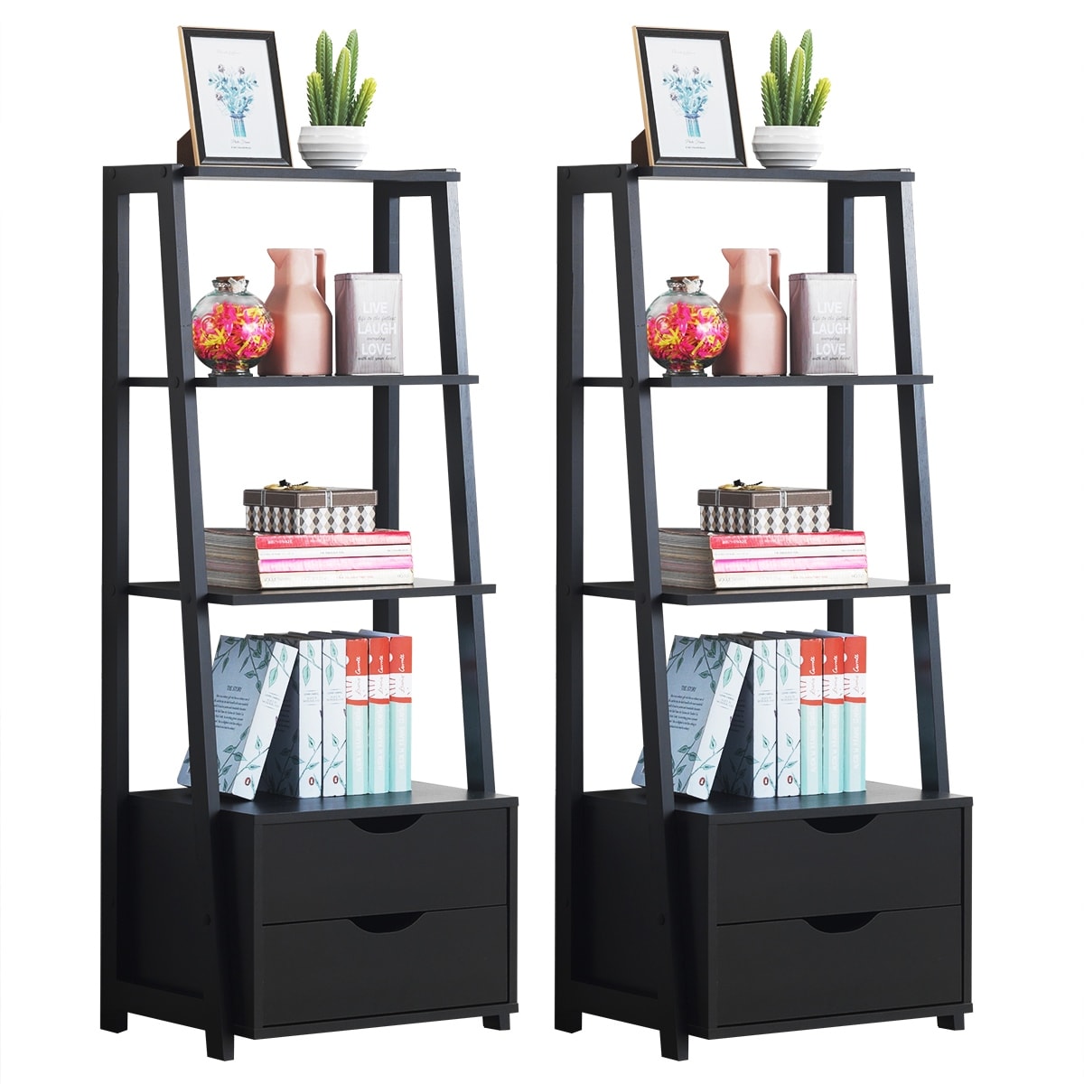Shop Costway Set Of 2 Ladder Shelf 4 Tier Bookshelf Bookcase