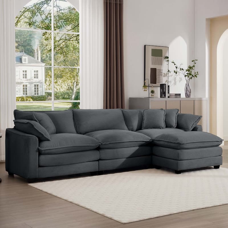 115" Corduroy Cloud Upholstered Modular L-Shaped Sectional Sofa with Removable Ottoman and Free Combination Design