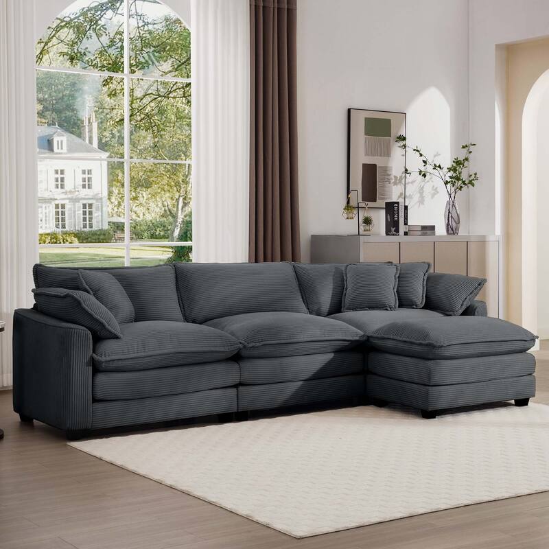 L-shaped Chaise Sectional Sofa with Ottoman and Double Cushions